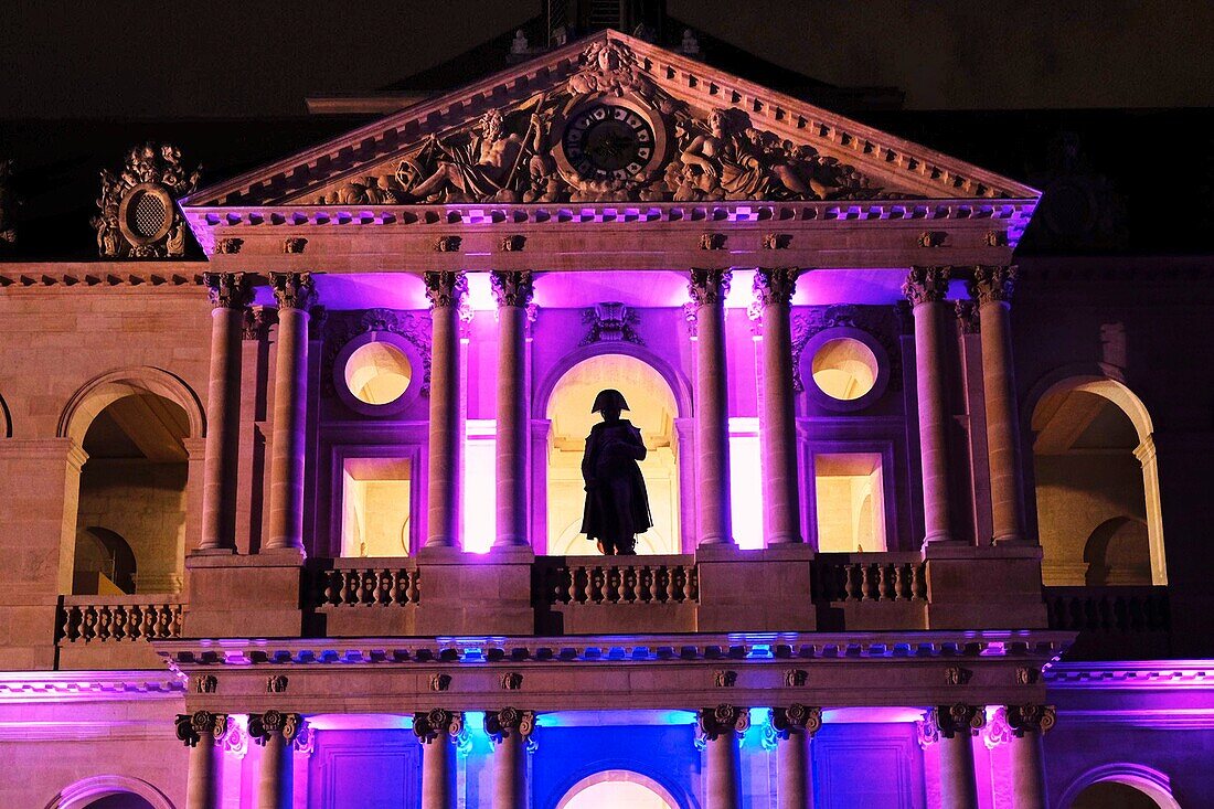 France,Paris,area listed as World Heritage by UNESCO,Les Invalides courtyard illumined during the Nuit Blanche,Napoleon I with its cocked hat by the sculptor Charles Emile Seurre