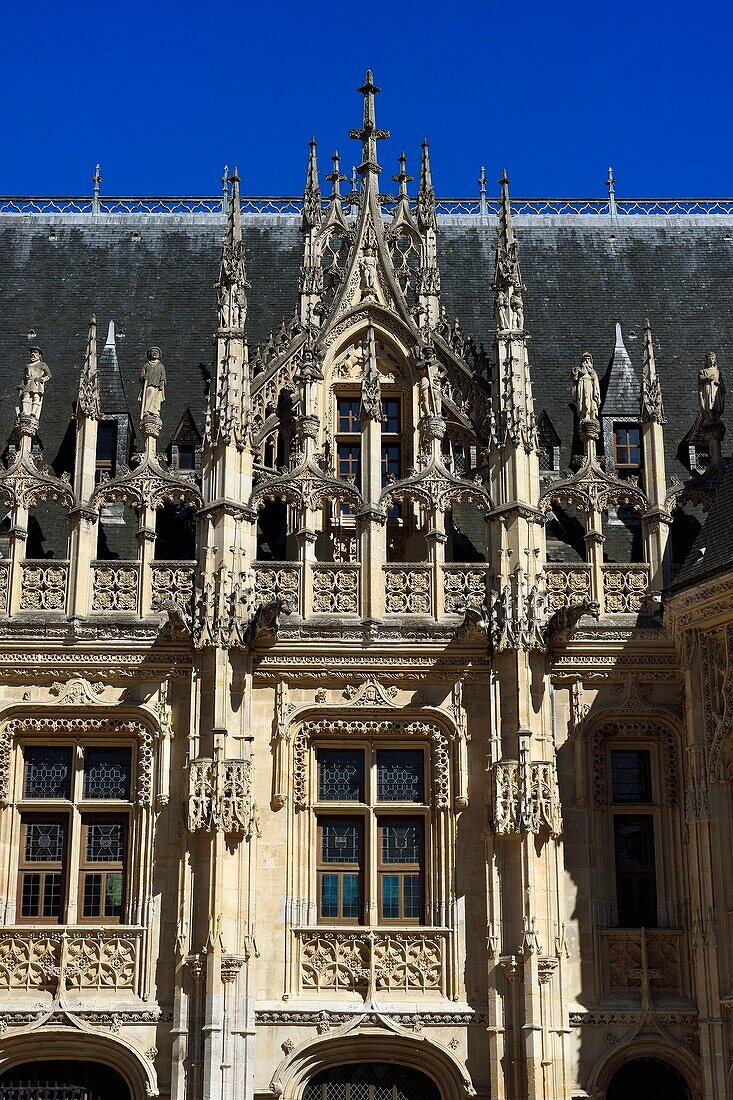 France,Seine Maritime,Rouen,the Palais de Justice (Courthouse) which was once the seat of the Parlement (French court of law) of Normandy and a rather unique achievements of Gothic civil architecture from the late Middle Ages in France,facade of the court