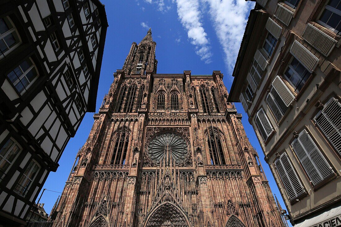 France,Bas Rhin,Strasbourg,The facade of Notre Dame Cathedral at sunset