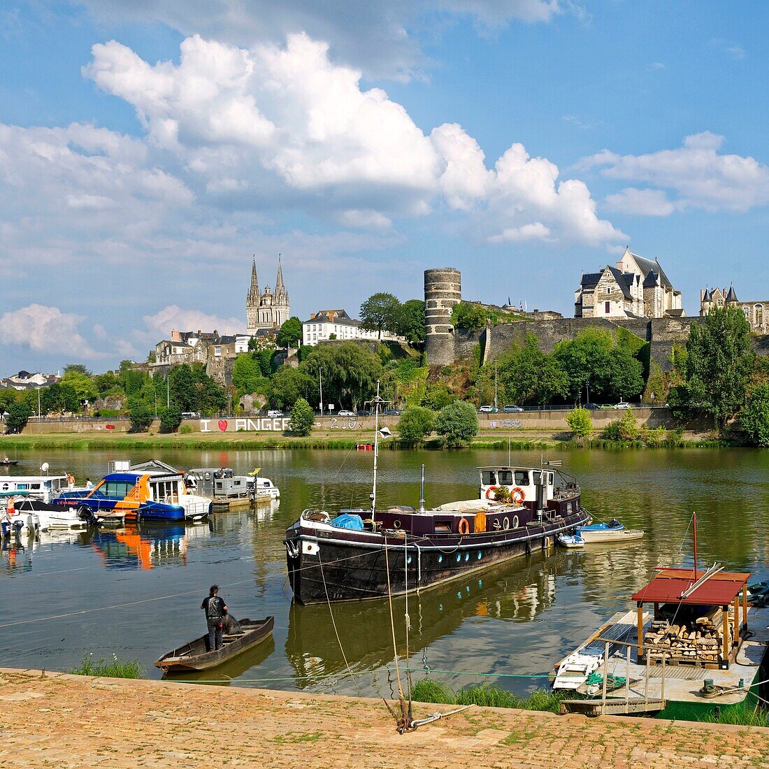 France,Maine et Loire,Angers,the river port and the castle of the Dukes of Anjou,Saint Maurice cathedral in background
