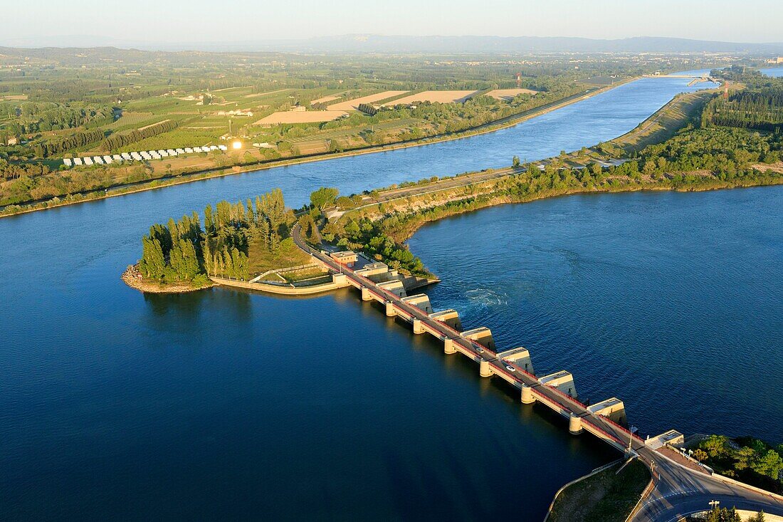 France,Gard,Vallabregues,Dam of Vallabregues on the Rhone (aerial view)