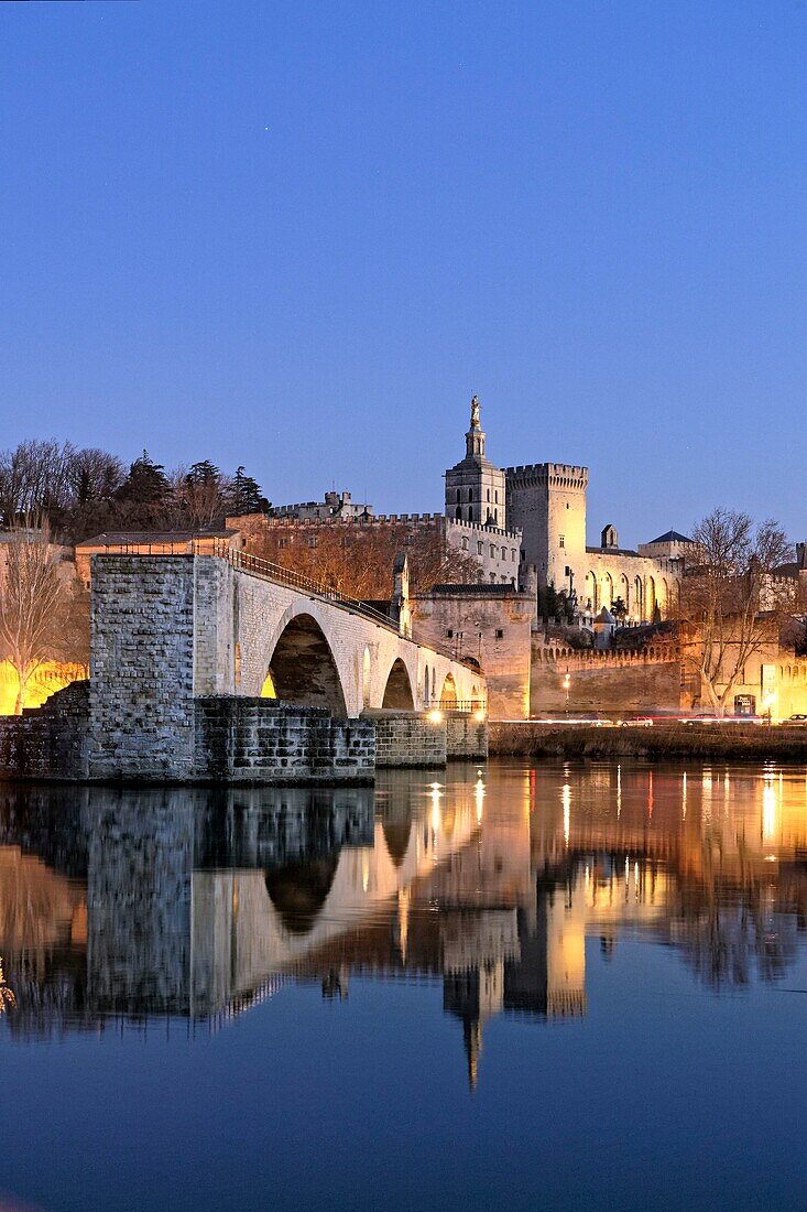France,Vaucluse,Avignon,Saint Benezet bridge on the Rhone dating from the 12th century with in the background Cathedral of Doms dating from the 12th century and the Papal Palace listed UNESCO World Heritage