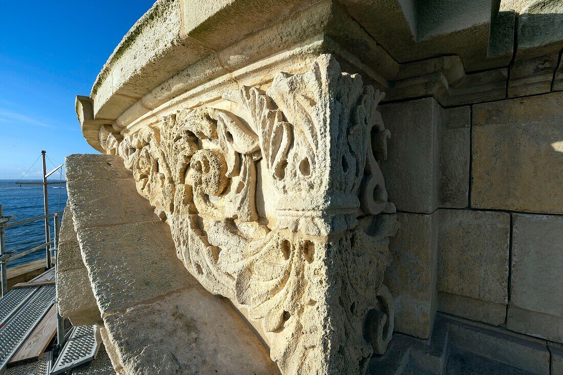 France,Gironde,Verdon sur Mer,rocky plateau of Cordouan,lighthouse of Cordouan,listed as Monument Historique,masonry detail