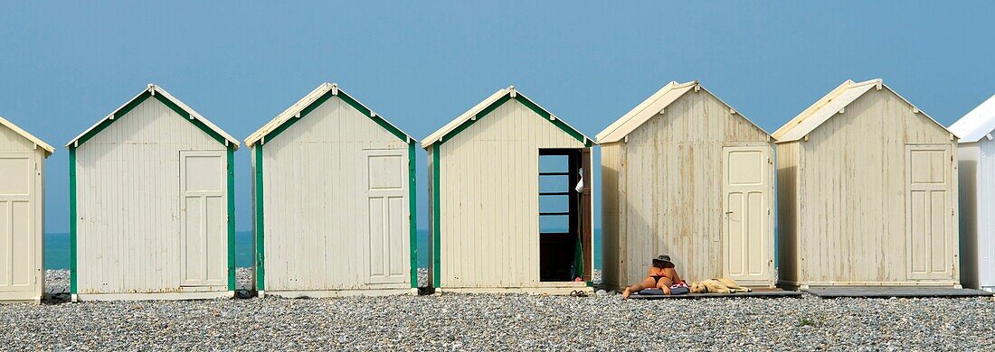 France,Somme,Baie de Somme (Somme bay),Cayeux sur Mer,the boardwalk lined with 400 colorful cabins and 2 km long