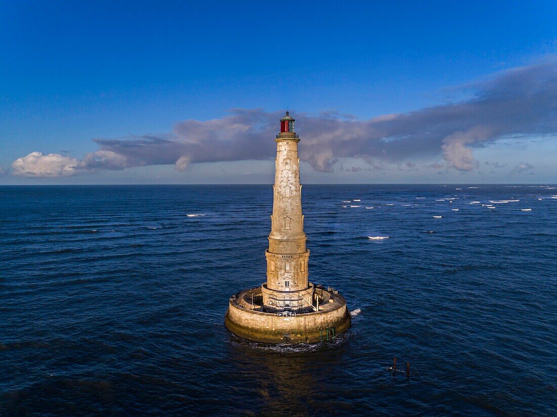 France,Gironde,Verdon sur Mer,rocky plateau of Cordouan,lighthouse of Cordouan,listed as Monument Historique,general view at high tide (aerial view)