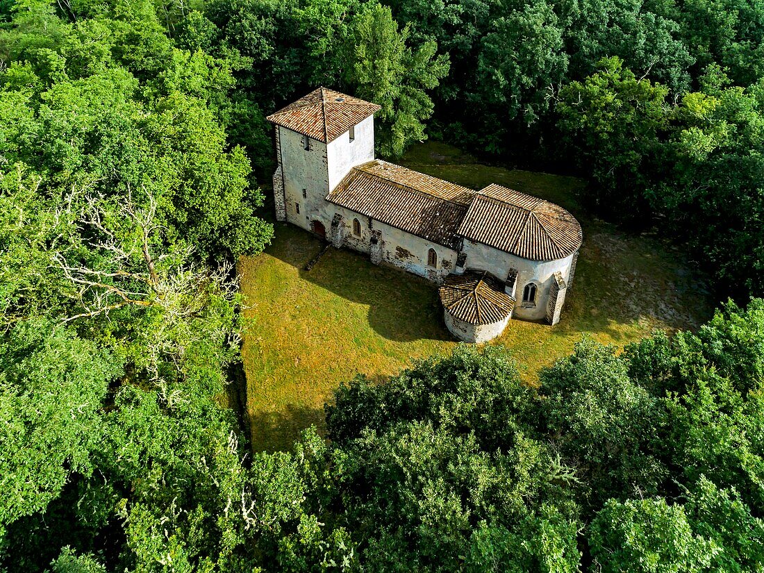 France,Gironde,Val de L'Eyre,Parc Naturel Régional des Landes de Gascogne,Lugos,Church of Old Lugo or Old Lugos,dating from the eleventh century,listed as a historical monument (aerial view)