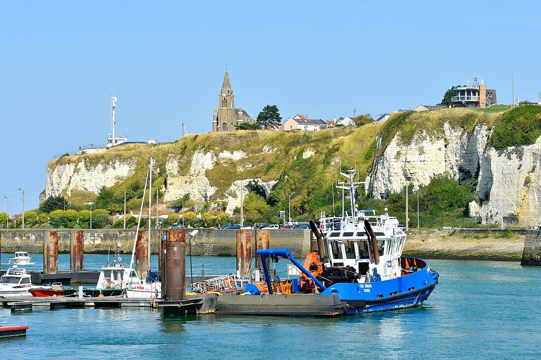 France,Seine Maritime,Pays de Caux,Cote d'Albatre,Dieppe,the harbour and the Quai Henri IV and Notre Dame de Bon Secours church built in 1876 at the top of the North cliff