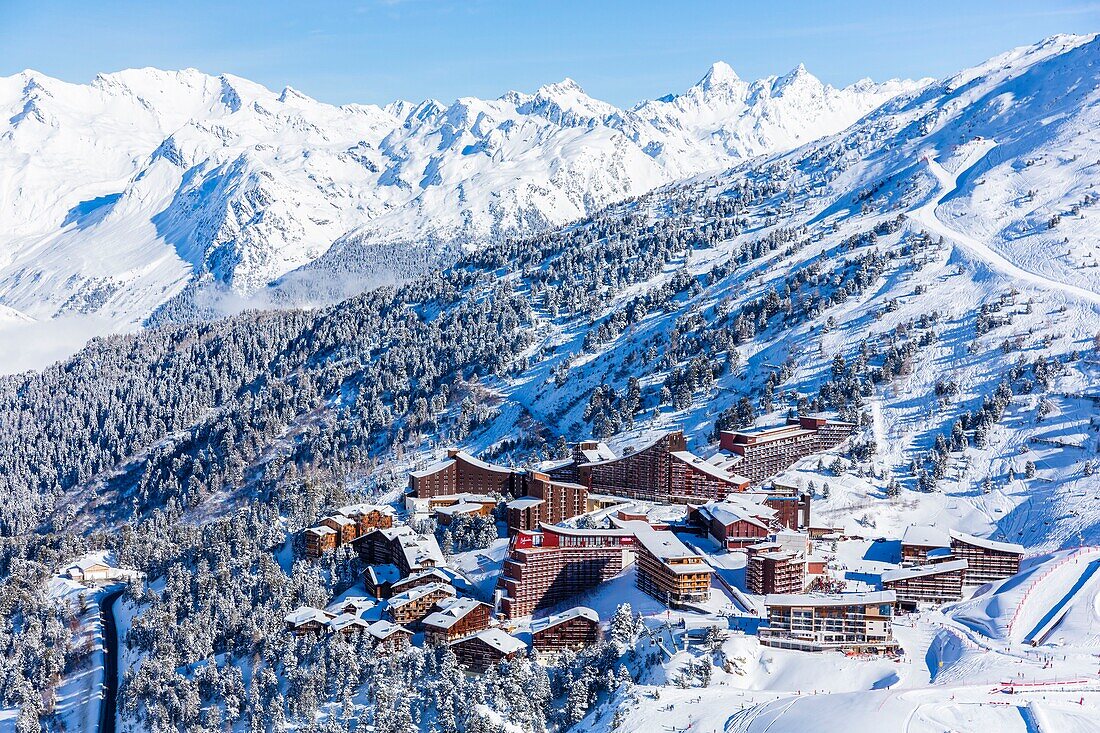 France,Savoie,Vanoise massif,valley of Haute Tarentaise,Les Arcs 2000,part of the Paradiski area,(aerial view)