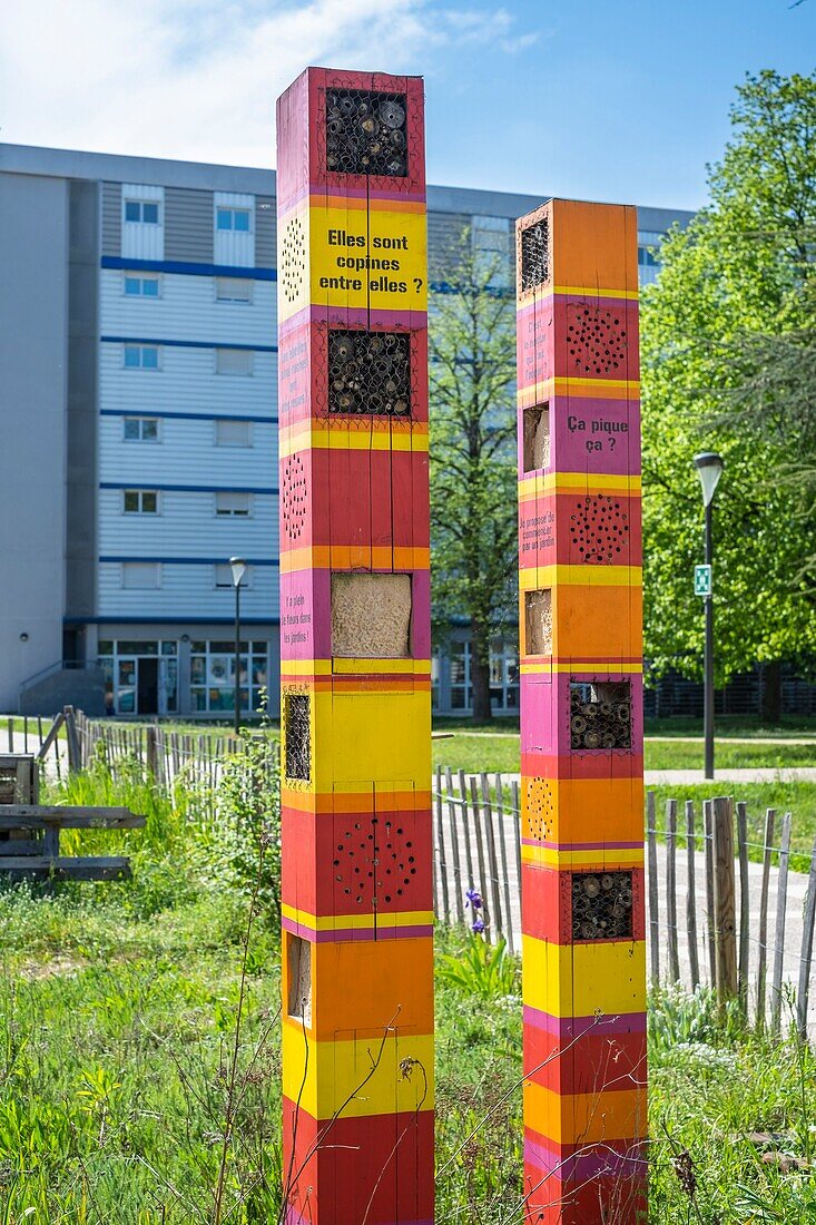 France,Rhone,Villeurbanne,La Doua campus,Le Doua Vert shared garden,bee totems