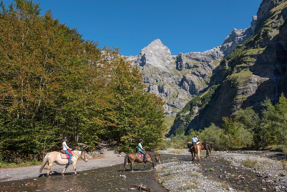 France,Haute Savoie,Sixt Fer a Cheval,equestrian hike in the Circus of Horseshoe to the End of the World,the Pyramid of the Ottoman Head (2549m)