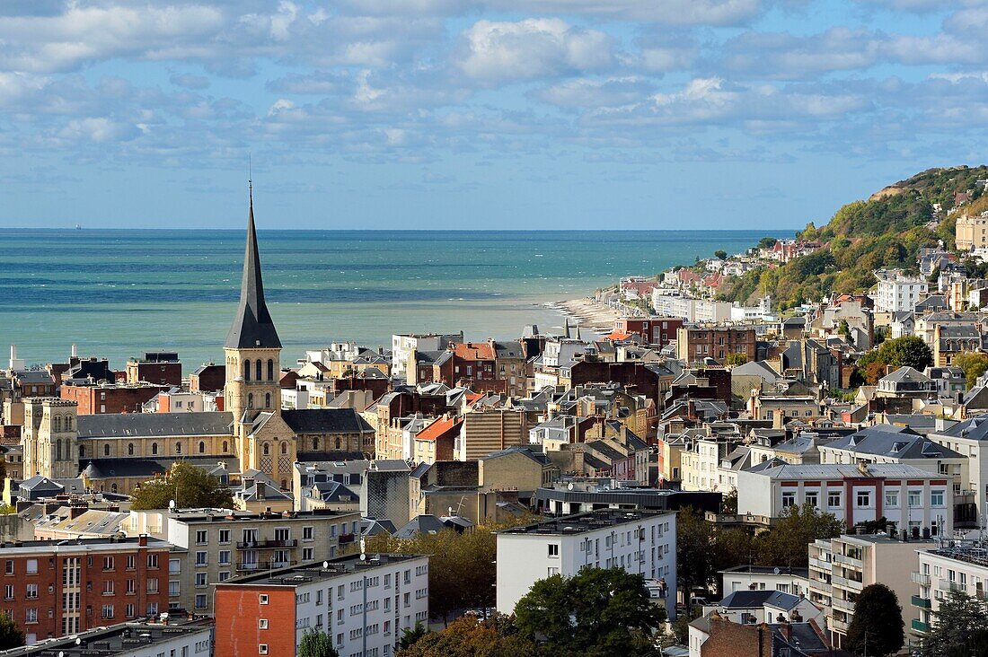 France,Seine Maritime,Le Havre,St. Vincent de Paul Church and the hill of Sainte Adresse in background