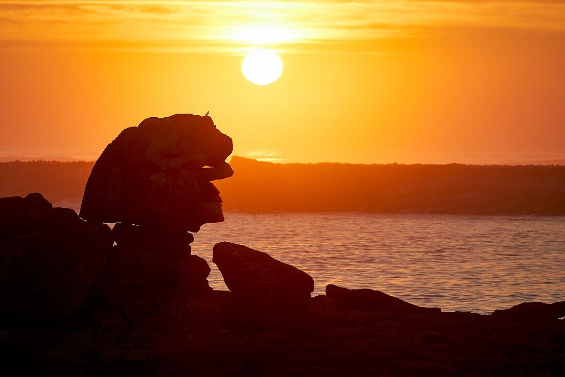 Frankreich,Finistere,Iroise Meer,Iles du Ponant,Parc Naturel Regional d'Armorique (Regionaler Naturpark Armorica),Ile de Sein,bezeichnet als Les Plus Beaux de France (Das schönste Dorf Frankreichs),Fels "le Sphinx" bei Sonnenuntergang
