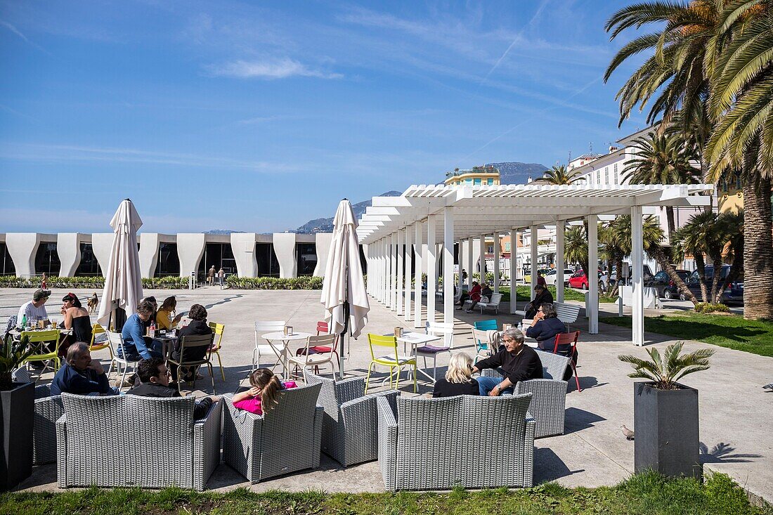 France,Alpes-Maritimes,Menton,Quai de Monléon,in the background the Jean Cocteau museum of the architect Rudy Ricciotti