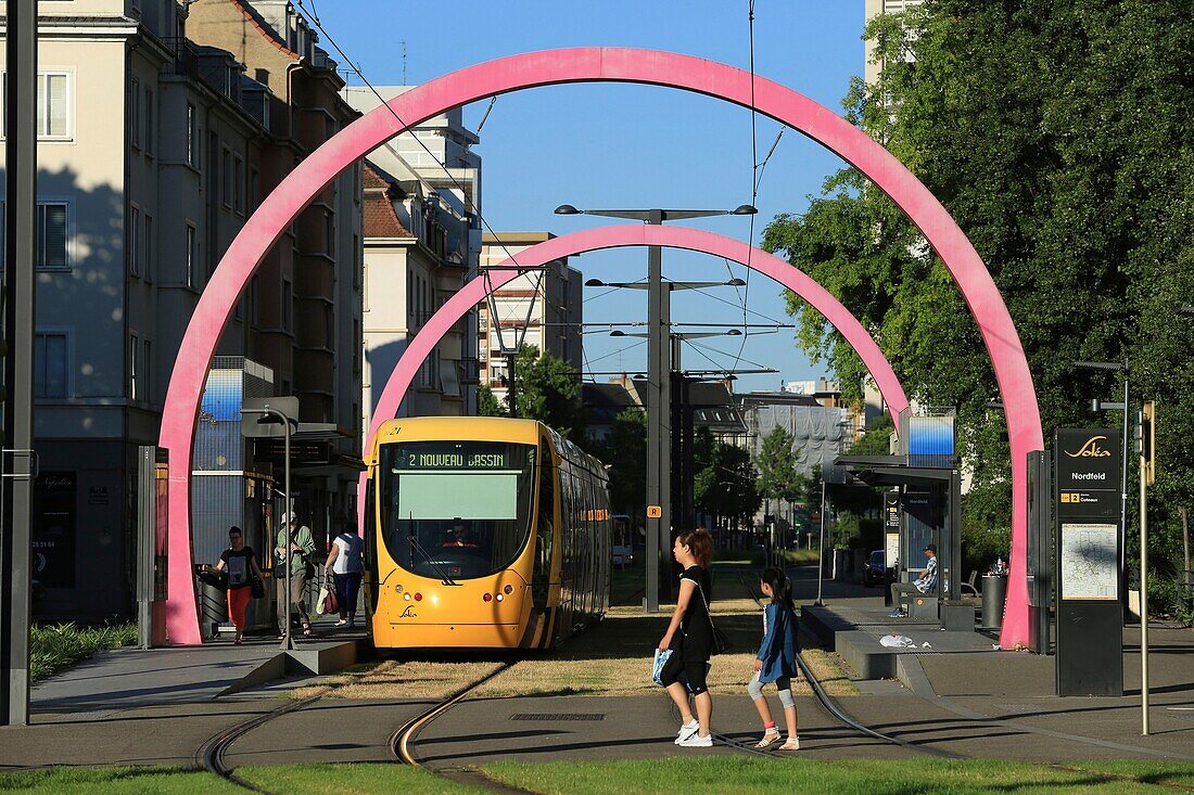 France,Haut Rhin,Mulhouse,the new basin,Boulevard de l'Europe,the tramway and the metal arches of Buren