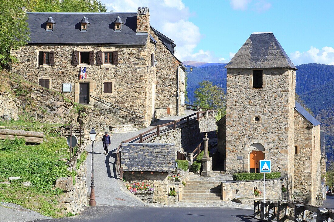 France,Hautes Pyrenees,Aure valley,Saint Lary Soulan,Soulan district with Saint Pierre church (17th century)