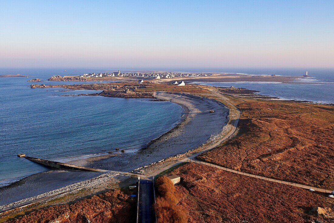 France,Finistere,Iroise Sea,Iles du Ponant,Parc Naturel Regional d'Armorique (Armorica Regional Natural Park),Ile de Sein,labelled Les Plus Beaux de France (The Most Beautiful Village of France),the island seen from the top of the Goulenez lighthouse