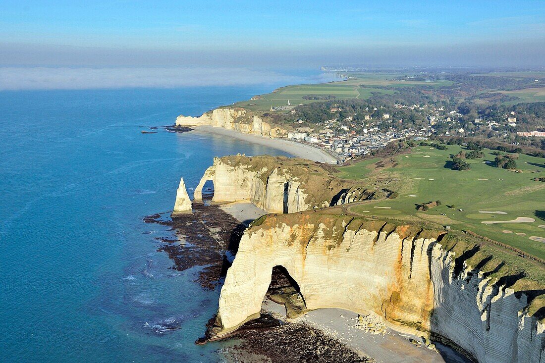 France,Seine Maritime,Etretat,Cote d'albatre,Aval cliff (aerial view)