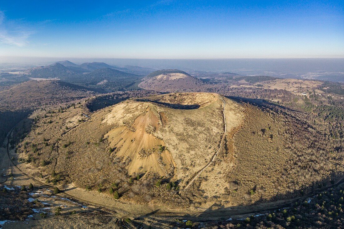 France,Puy de Dome,the Regional Natural Park of the Volcanoes of Auvergne,Chaine des Puys,Orcines,the crater of Puy Pariou volcano (aerial view)