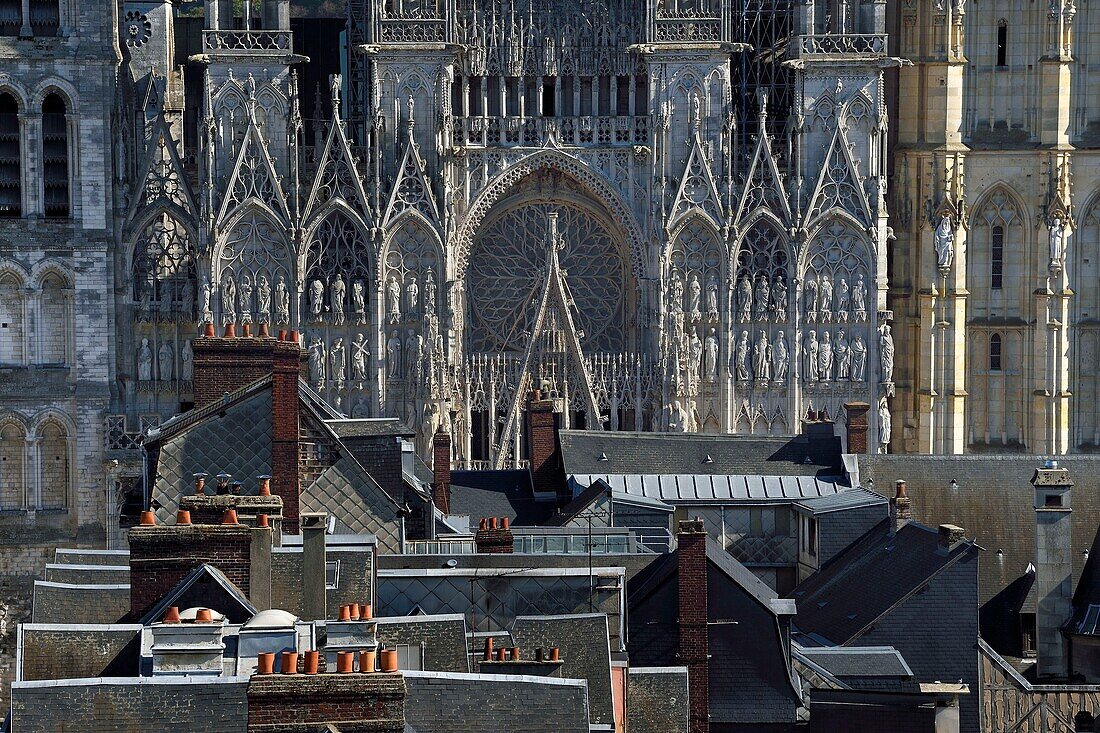 France,Seine Maritime,Rouen,south facade of the Notre-Dame de Rouen cathedral behind the roofs of the old town