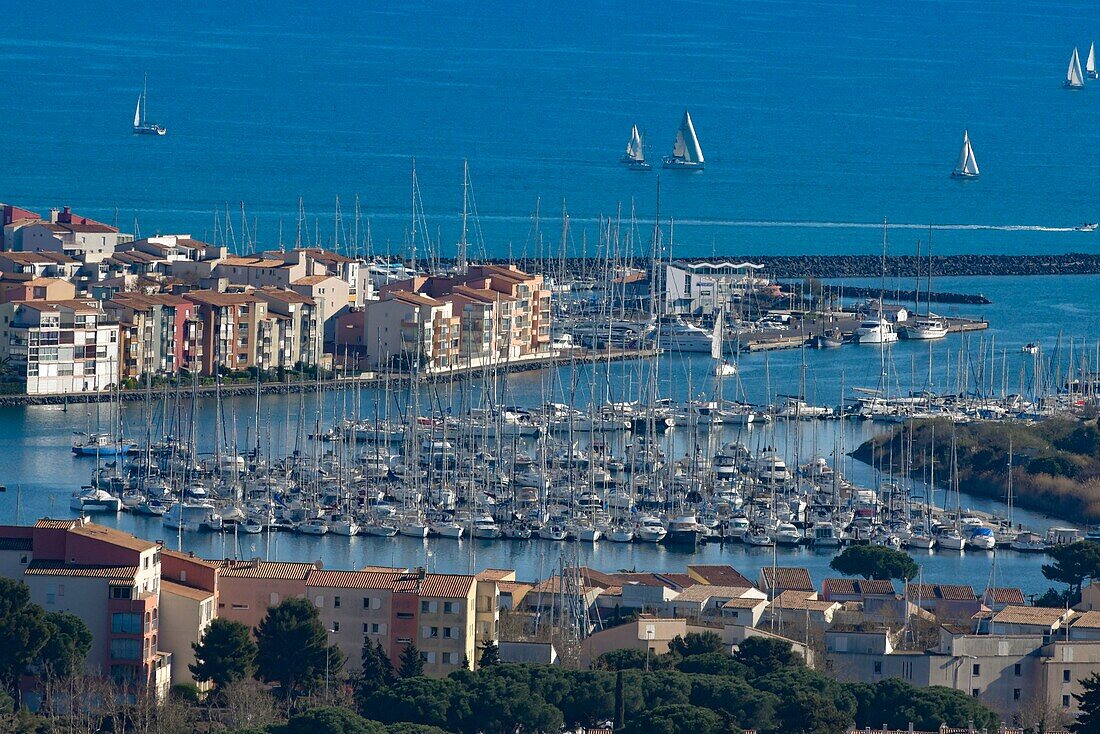 France,Herault,Agde,Cape of Agde,the Marina seen from Saint-Loup Mount