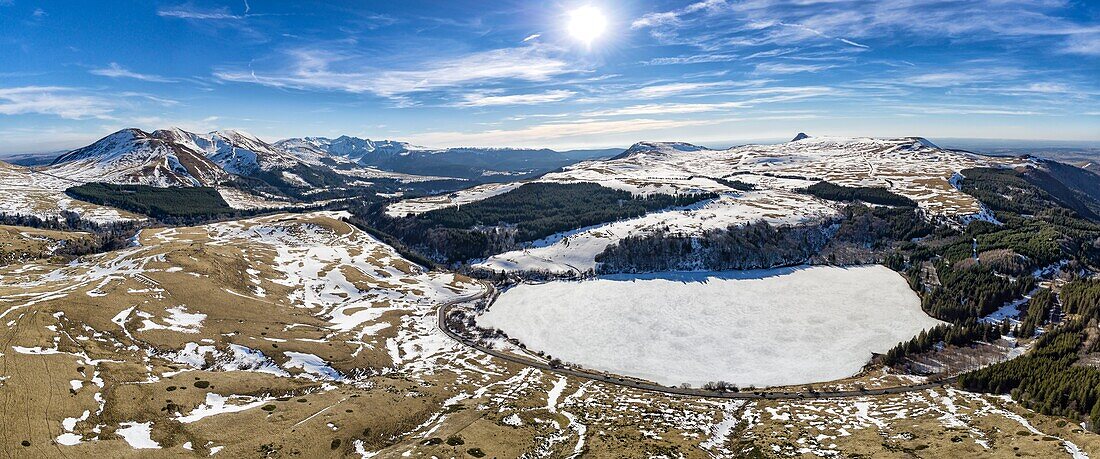 France,Puy de Dome,Mont Dore,Regional Natural Park of the Auvergne Volcanoes,Monts Dore,Guery lake (aerial view)