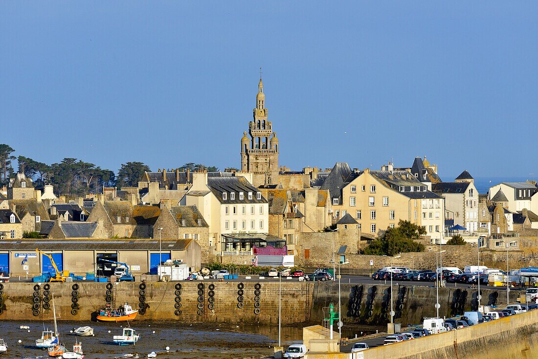 France,Finistere,Roscoff,harbour at low tide with the clocktower (1701) of Notre-Dame de Croaz Batz church