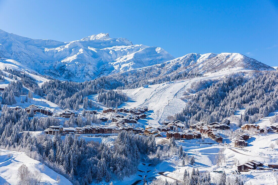 France,Savoie,Valmorel,Massif of the Vanoise,Tarentaise valley,view of the Cheval Noir (2832m),(aerial view)