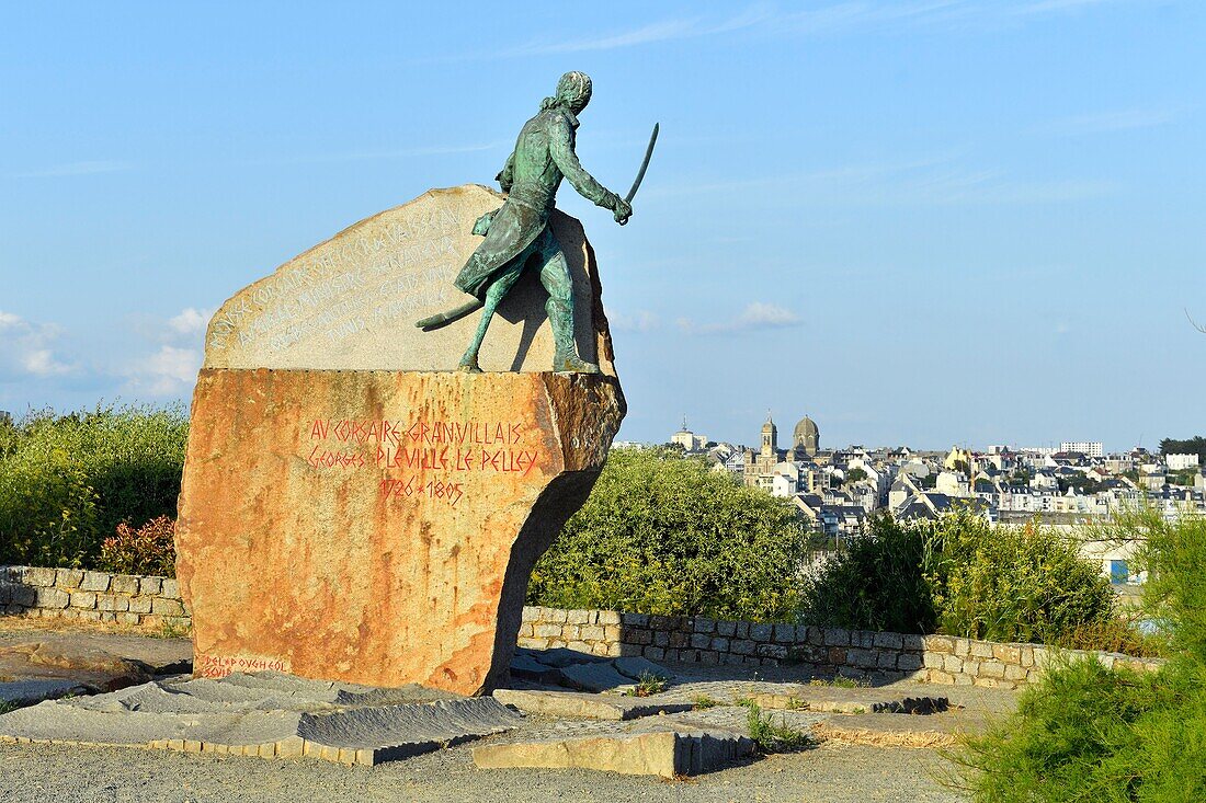 /France,Manche,Cotentin,Granville,the Upper Town built on a rocky headland on the far eastern point of the Mont Saint Michel Bay,statue of Georges René Le Pelley de Pléville says the Corsair with a wooden leg,in the background Saint Paul church