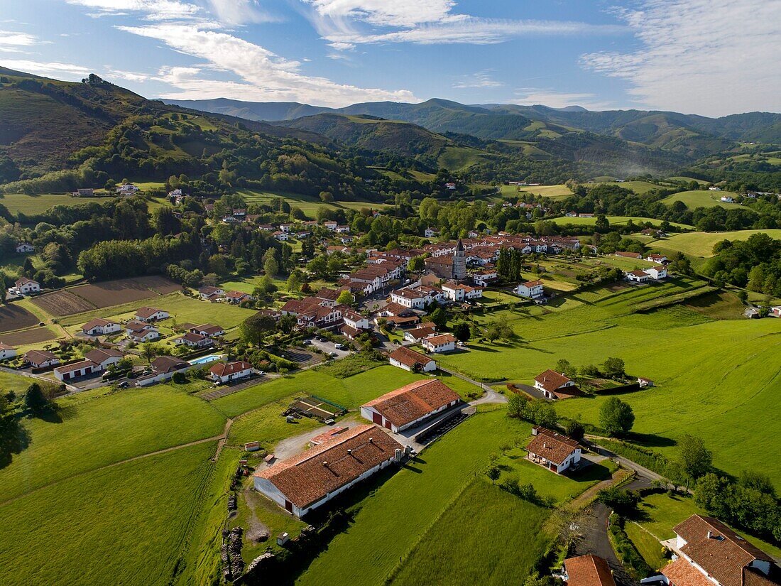 France,Pyrenees Atlantiques,Ainhoa,awarded the Most Beautiful Village of France (aerial view)