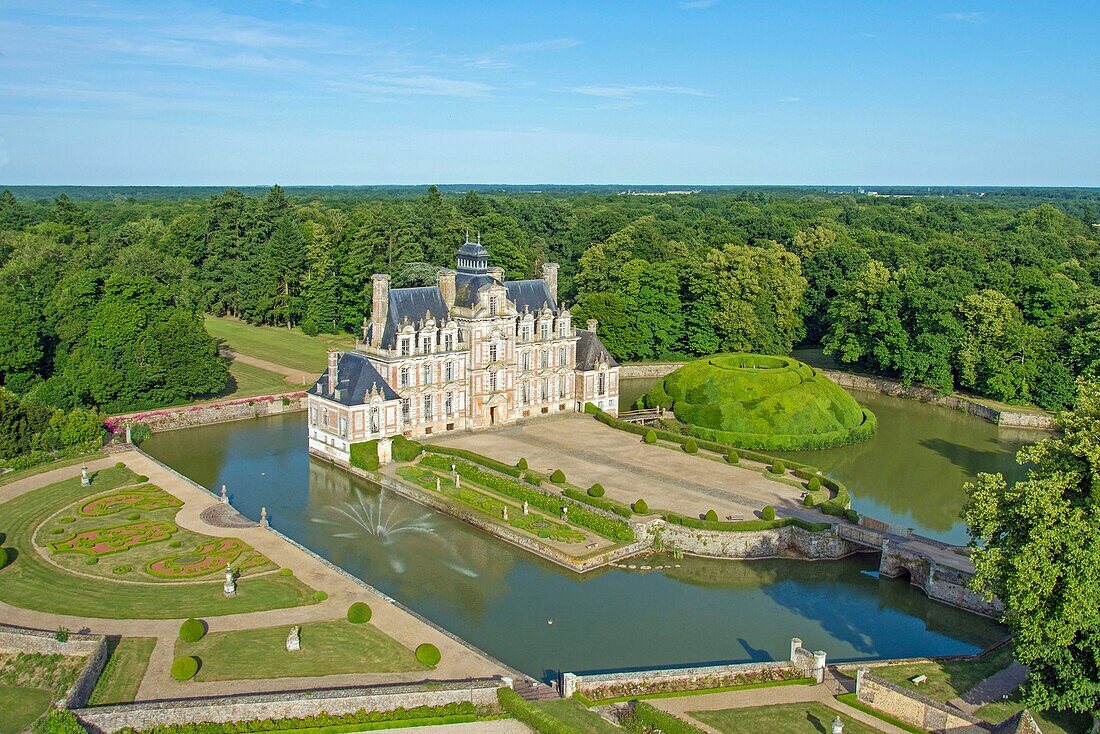France,Eure,Chateau de Beaumesnil,castle with typical Louis XIII architecture,managed by Furstenberg Foundation (aerial view)