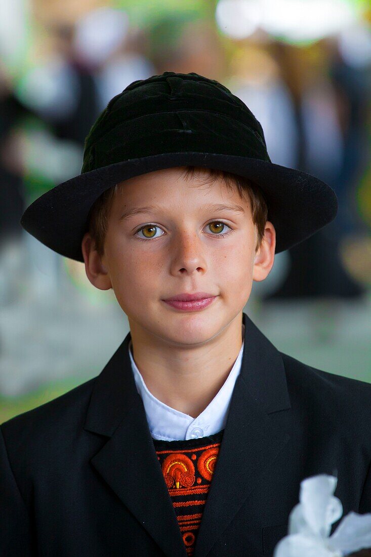 France,Finistere,Embroiderers' Festival of Pont l'Abbé,Cercle Bagad Kelc'h Keltieg de Combrit,Bigouden boy's costume