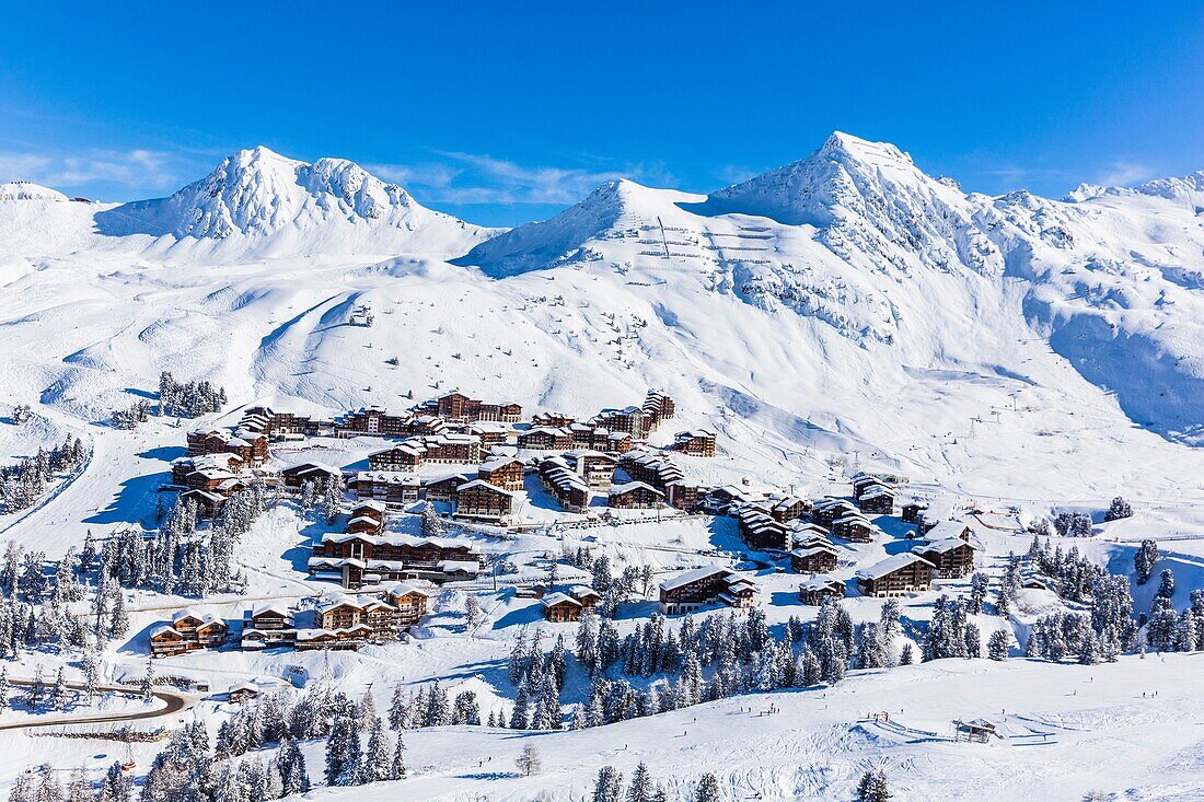 France,Savoie,Vanoise massif,valley of Haute Tarentaise,La Plagne,part of the Paradiski area,view of Belle Plagne,(aerial view)