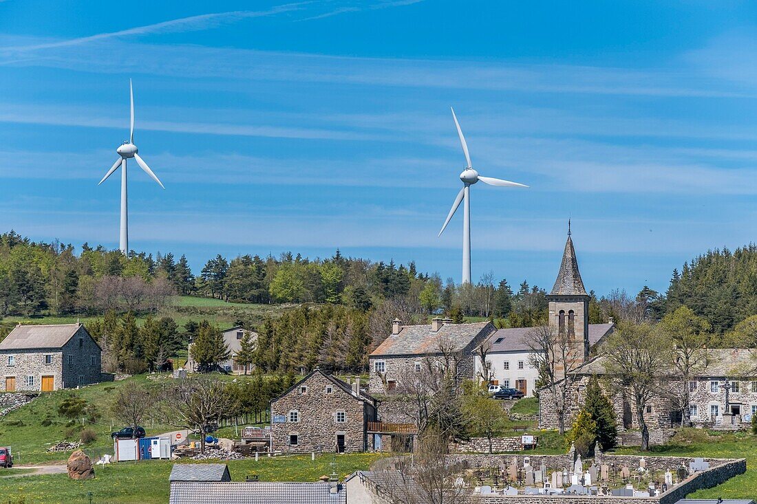 France,Ardeche,Parc Naturel Regional des Monts d'Ardeche (Regional natural reserve of the Mounts of Ardeche),wind turbines and village of Saint Clément,Vivarais,Sucs area