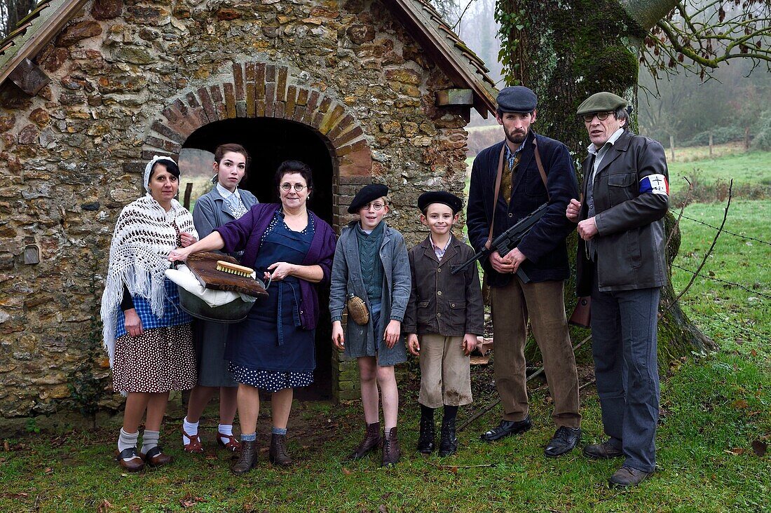 France,Eure,old wash-house of Sainte Colombe prés Vernon,Allied Reconstitution Group (US World War 2 and french Maquis historical reconstruction Association),the reenactors in partisans of the French Forces of the Interior (FFI) with their family