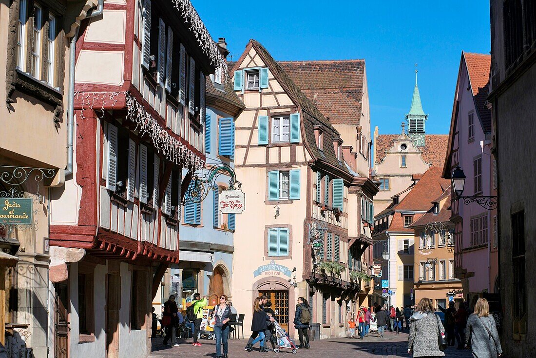 France,Haut Rhin,Route des Vins d'Alsace,Colmar,facade of a traditional house hosting the restaurant Le Fer Rouge located in Marchands Street