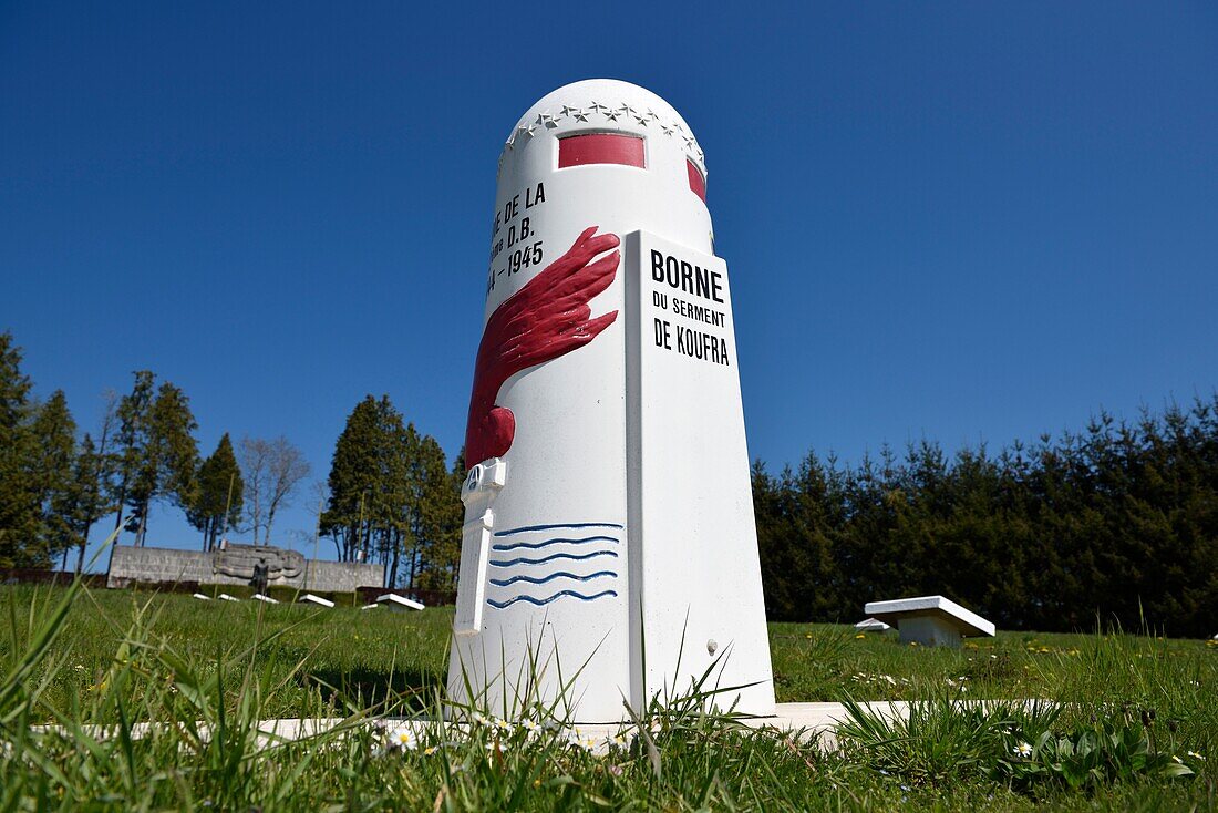 France,Vosges,Dompaire,memorial of the battle of Dompaire of the second world war,battle of tanks which took place from 12 to 15 September 1944,marker in front of the monument Leclerc