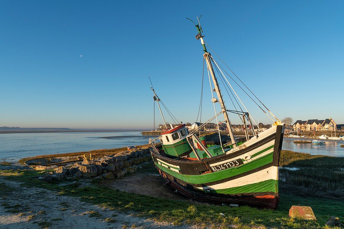 France,Somme,Baie de Somme,Le Crotoy,the small Crotoy boat cemetery,home to the famous green trawler,Saint-Antoine-de-Padoue,a remnant of the past fishing port and shipbuilding at Le Crotoy