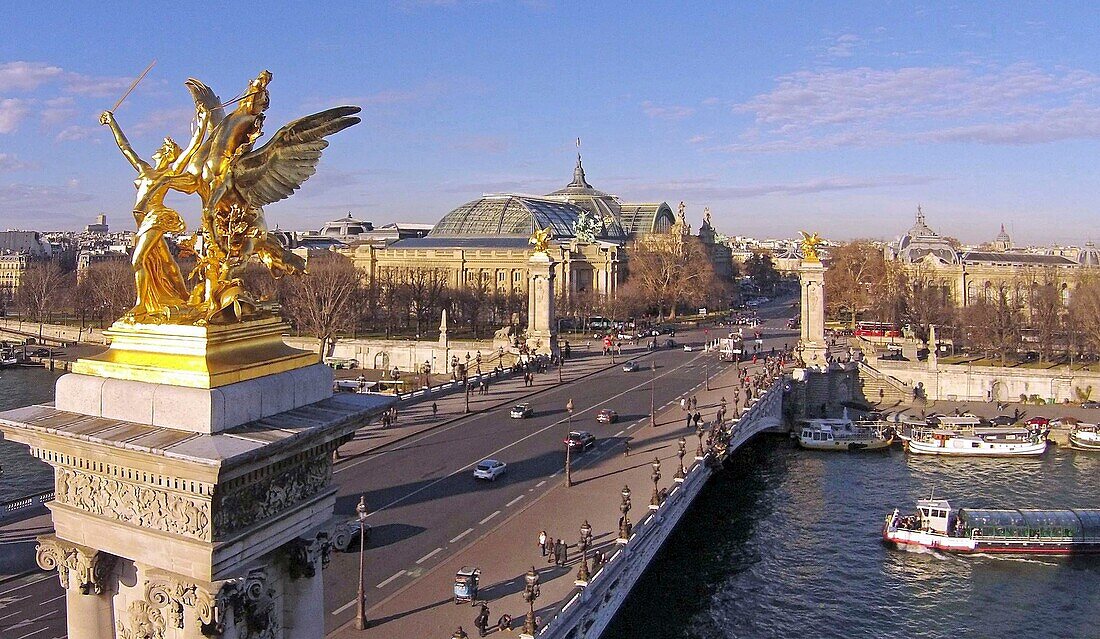 France,Paris,area listed as World Heritage by UNESCO,Grand Palais and the bridge Alexander III inaugurated in 1900 for the Universal Exhibition