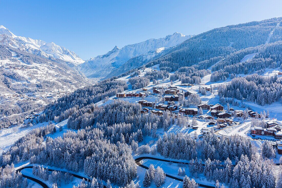 France,Savoie,Vanoise massif,valley of Haute Tarentaise,Montchavin,part of the Paradiski area,view of the Peisey Vallandry ski area,(aerial view)