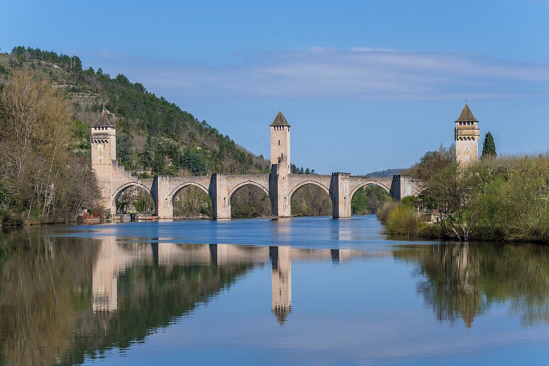 France,Lot,Quercy,Cahors,The Valentre bridge above Lot river,dated 14 th. century,listed as World Heritage by UNESCO