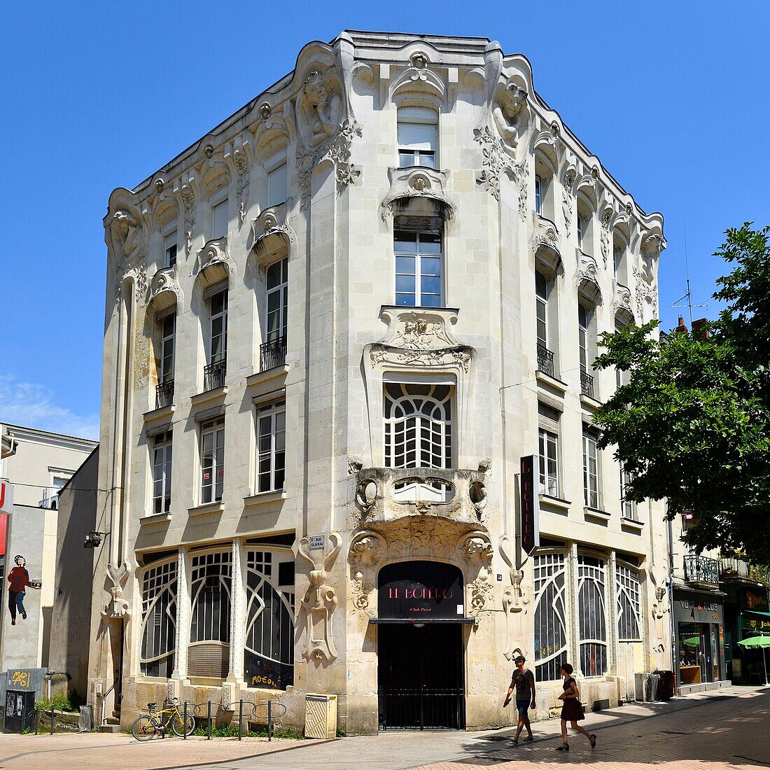 France,Maine et Loire,Angers,at the corner of rue Saint-Laud and rue Claveau,sculptures in Art Nouveau style guard the entrance to the former dance hall of the Alcazar