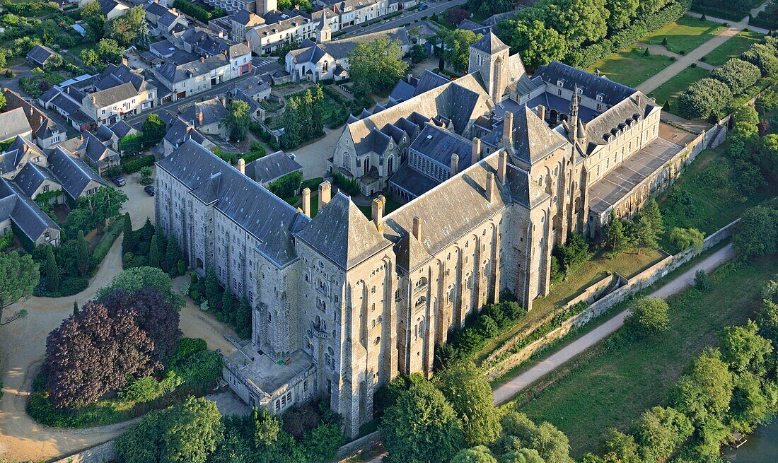 France,Sarthe,Solesmes,the church and Saint Pierre abbey (aerial view)