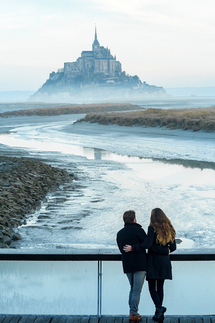 France,Manche,the Mont-Saint-Michel,view of the island and the abbey at sunrise from the mouth of the Couesnon river