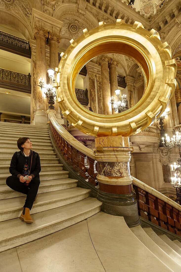 France,Paris,Garnier opera house (1878) under the architect Charles Garnier in eclectic style,sculpture on the Grand staircase