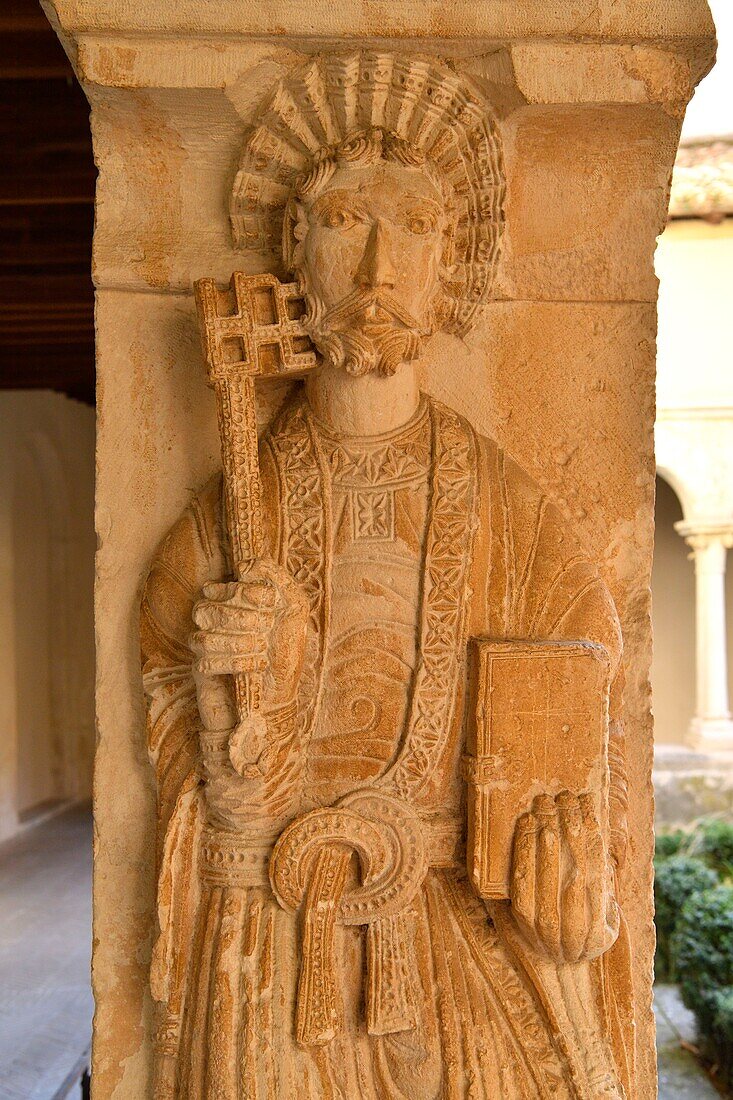 France,Bouches du Rhone,Aix en Provence,Saint Sauveur cathedral,Romanesque cloister of the end of the 12th century,representation of St Peter on the North East pillar