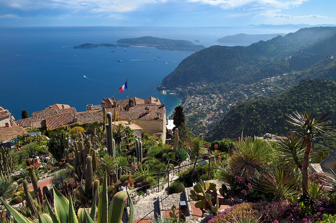 France,Alpes Maritimes,the hilltop village of Eze and its Exotic Garden,Saint Jean Cap Ferrat in the background