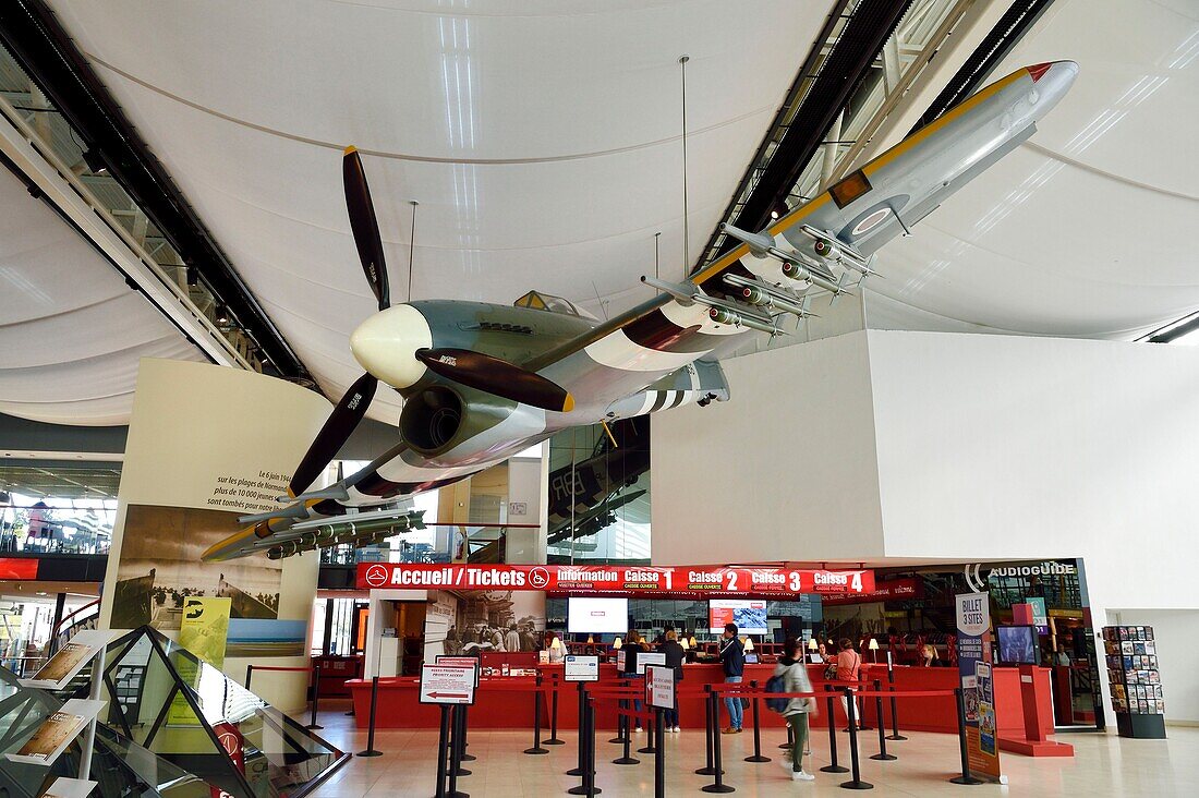 France,Calvados,Caen,the Peace Memorial,museum lobby with the British Hawker Typhoon fighter jet of the Second World War