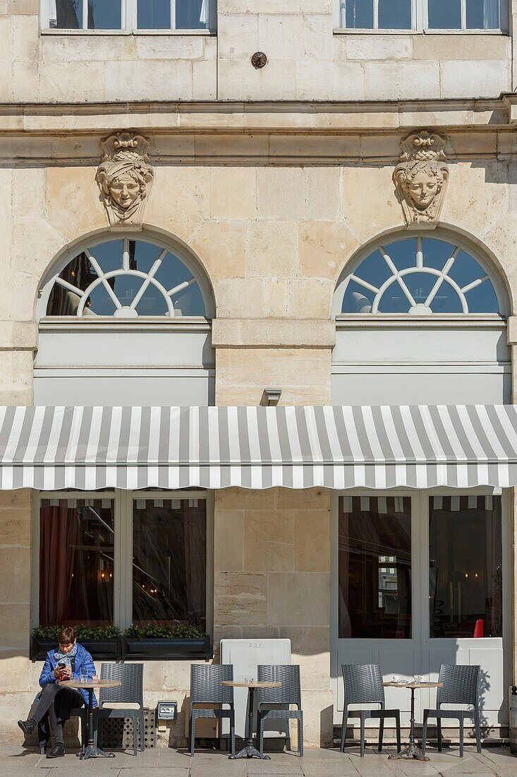 France,Meurthe et Moselle,Nancy,Stanislas square (former royal square) built by Stanislas Leszczynski,king of Poland and last duke of Lorraine in the 18th century,listed as World Heritage by UNESCO,terrace of a cafe and facade of the Musee des Beaux Arts (fine arts museum) in the background