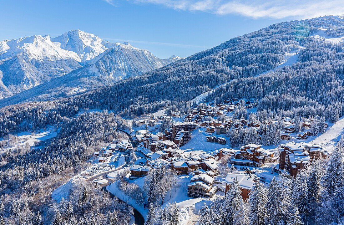 Frankreich,Savoie,Tarentaise-Tal,La Tania ist eines der größten Skigebiete Frankreichs,im Herzen von Les Trois Vallees (Die drei Täler),eines der größten Skigebiete der Welt mit 600km markierten Pisten,westlicher Teil des Vanoise-Massivs,Blick auf den Grand Bec Peak (3398m) im Parc National de La Vanoise (Luftaufnahme)