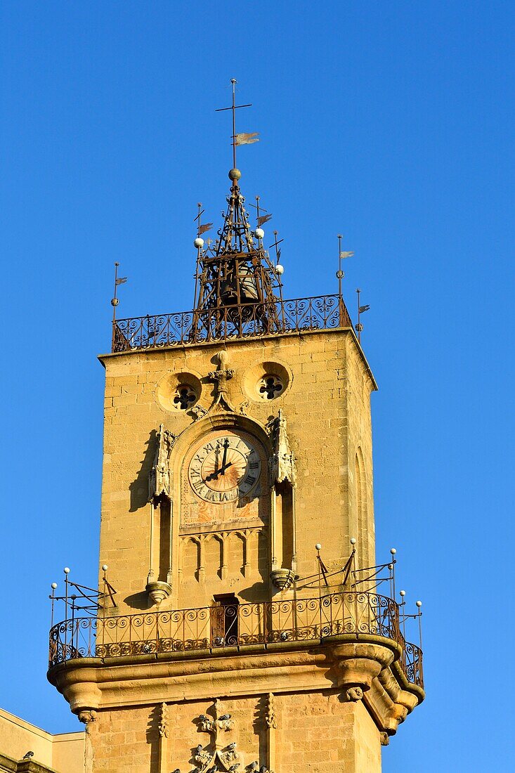 France,Bouches du Rhone,Aix en Provence,Place de l'Hotel de Ville (City Hall square),the bell tower of the Augustins